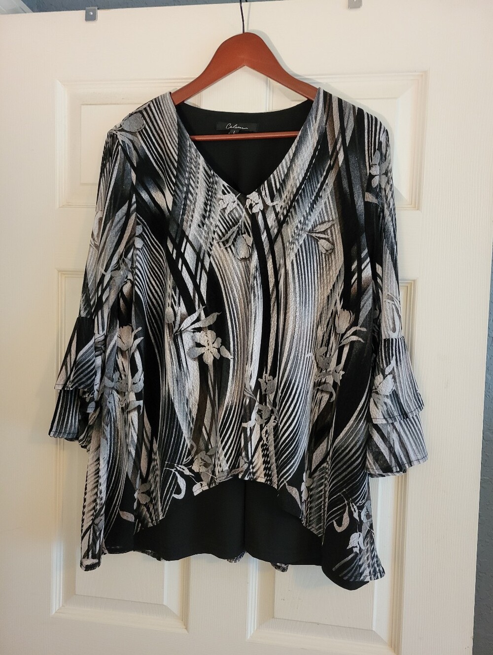 Calesas Black Brown Cream Abstract Floral Print Tunic Top Women's Size Large